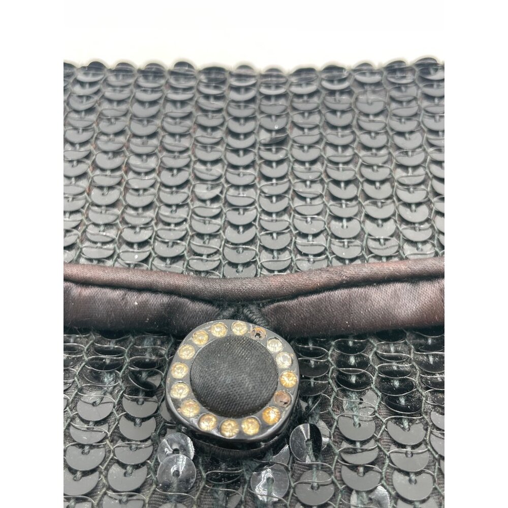 Vintage Norell Black Sequin Clutch Purse With Rhinestone Button Closure & Satin - Picture 3 of 7
